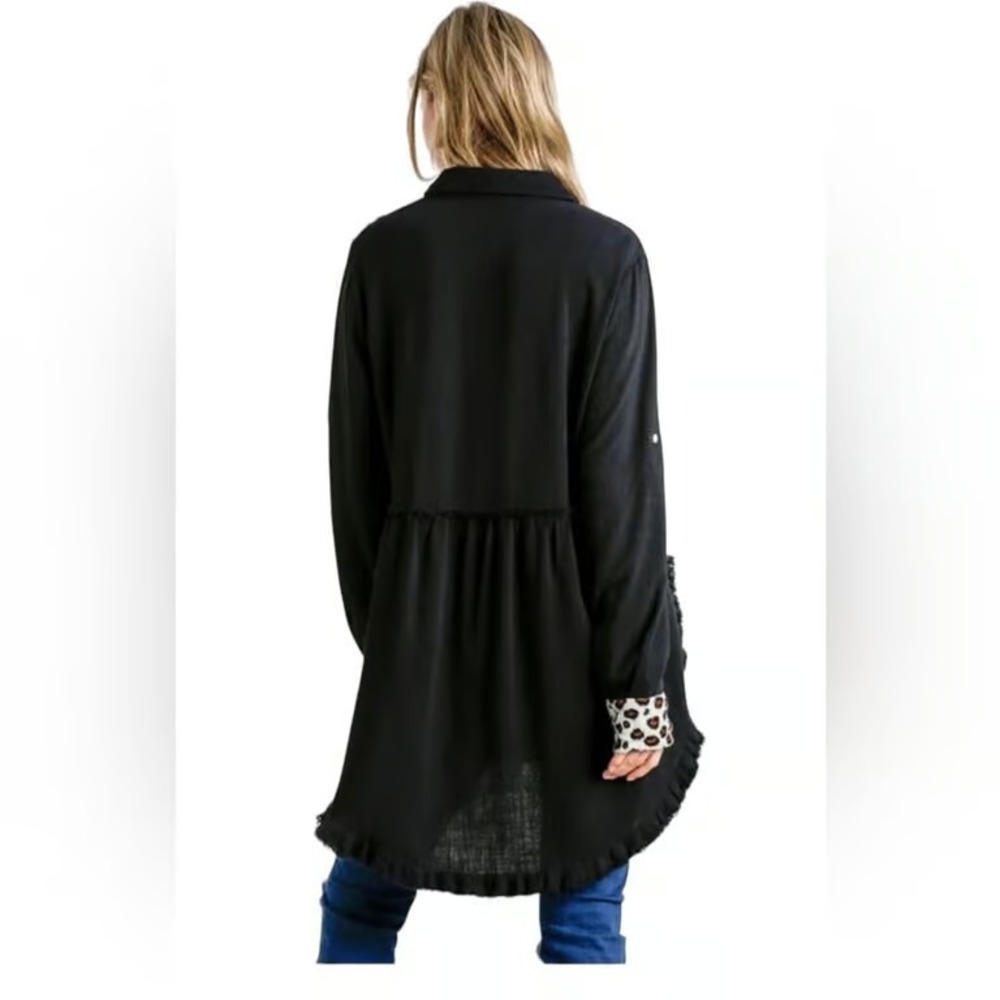 Umgee Linen Shirt Dress Womens S Black Leopard Trim Lagenlook Boho Tunic - Picture 7 of 7
